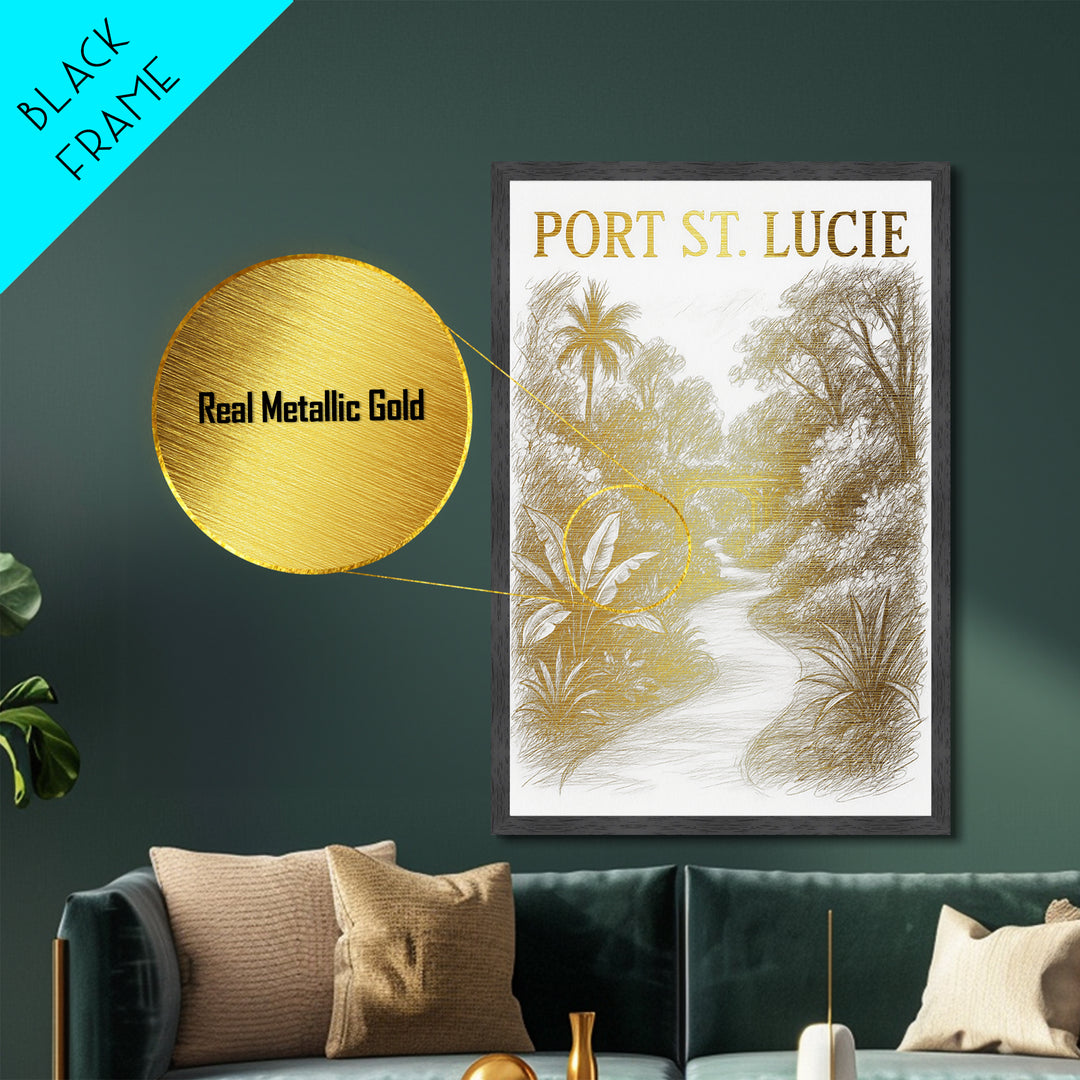 Port St Lucie Florida travel, Metallic Gold Print, Modern Skyline Wall Print, Metal Art, Wood Framed Art, Adventure Lover Gift, Travel Gift