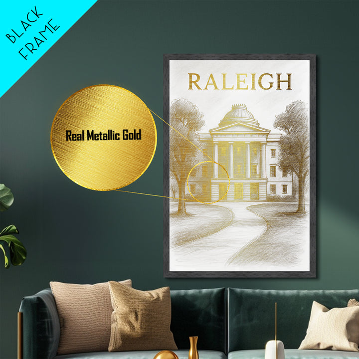 Raleigh North Carolina travel, Metallic Gold Print, Modern Skyline Wall Print, Metal Art, Wood Framed Art, Adventure Lover Gift, Travel Gift