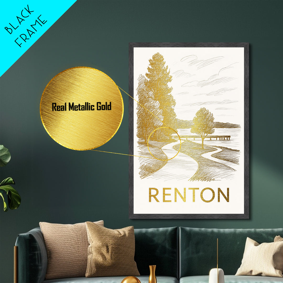 Renton Washington art, Metallic Gold Art, Modern House Art, Metal Art, Wood Framed Art, Graduation Travel Gift, Travel Gift