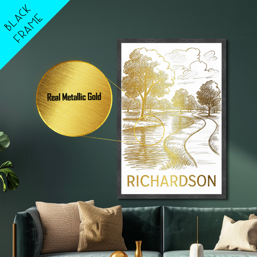 Richardson Texas art, Metallic Gold Art, Housewarming Gift, Metal Art, Wood Framed Art, Newlywed Travel Gift, Honeymoon Gift