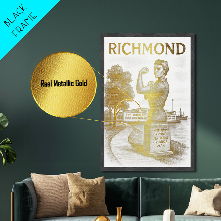 Richmond Virginia travel, Metallic Gold Print, Closing Gift, Metal Art, Wood Framed Art, Anniversary Travel Gift, Retirement Gift
