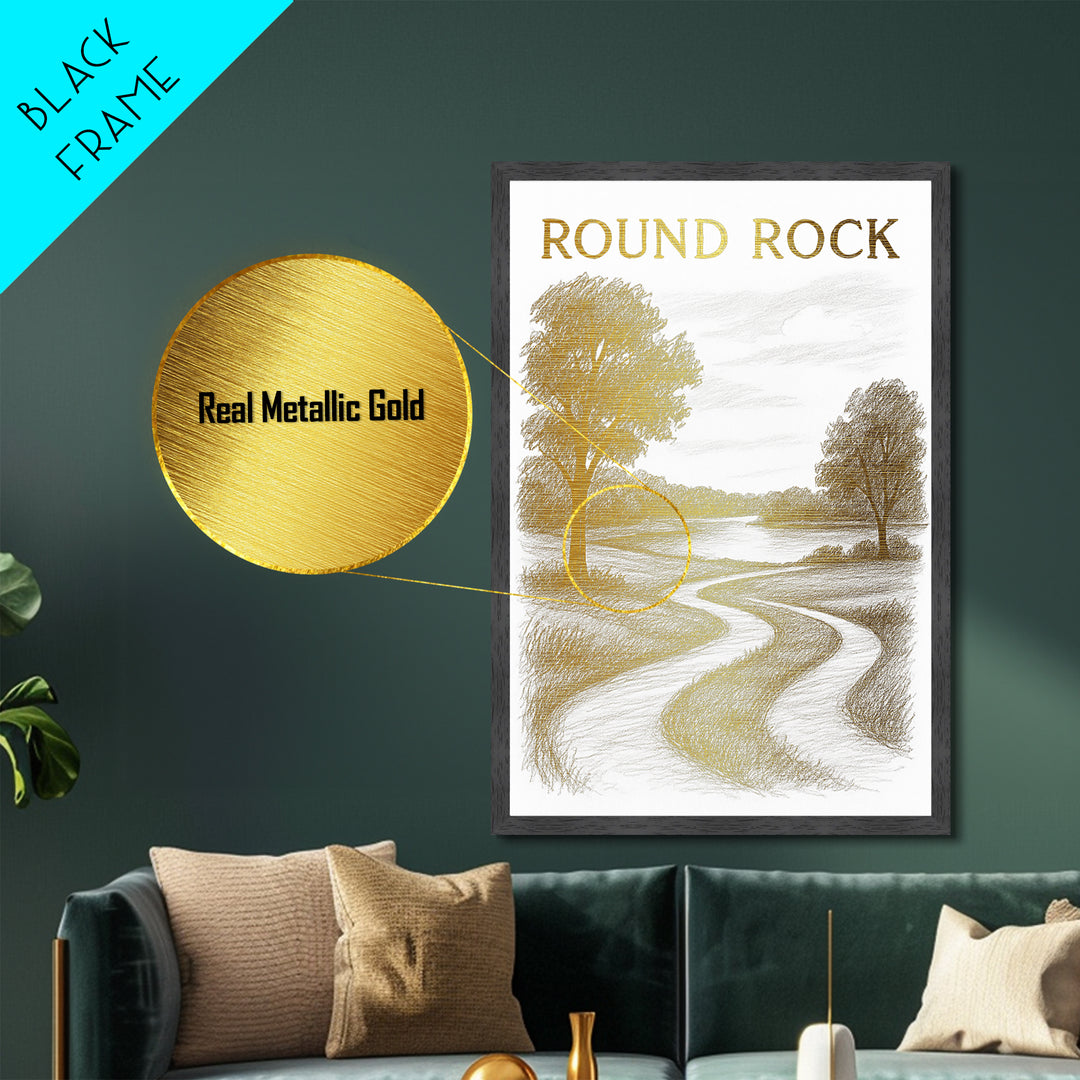 Round Rock Texas travel, Metallic Gold Print, College Dorm Décor, Metal Art, Wood Framed Art, Graduation Travel Gift, Traveler Gift