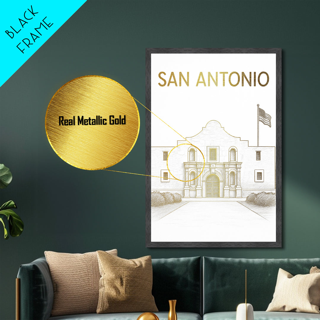 San Antonio Texas travel, Metallic Gold Print, Modern Skyline Wall Print, Metal Art, Wood Framed Art, Adventure Lover Gift, Travel Gift
