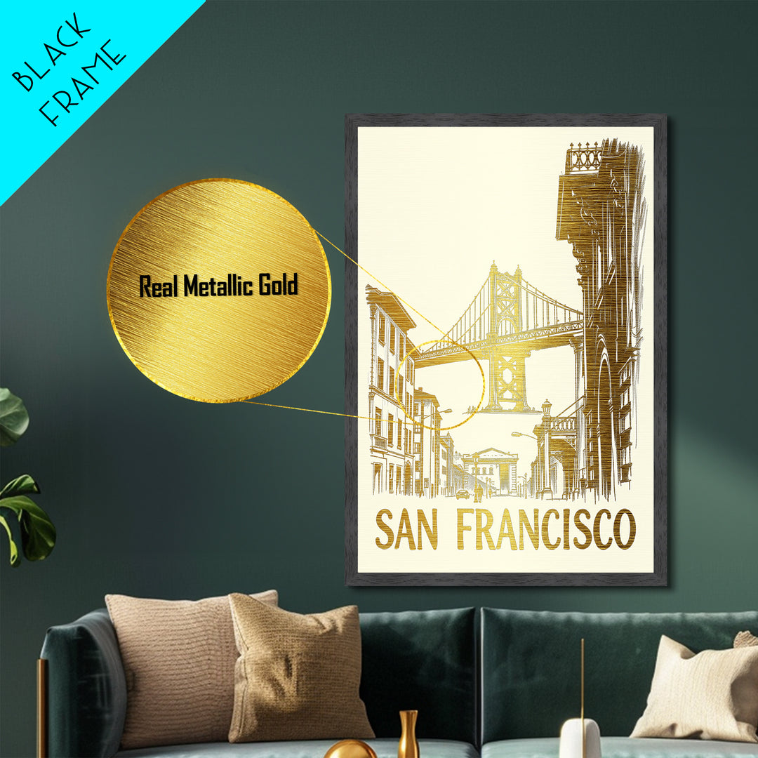 San Francisco California travel, Metallic Gold Print, College Dorm Décor, Metal Art, Wood Framed Art, Graduation Travel Gift, Traveler Gift