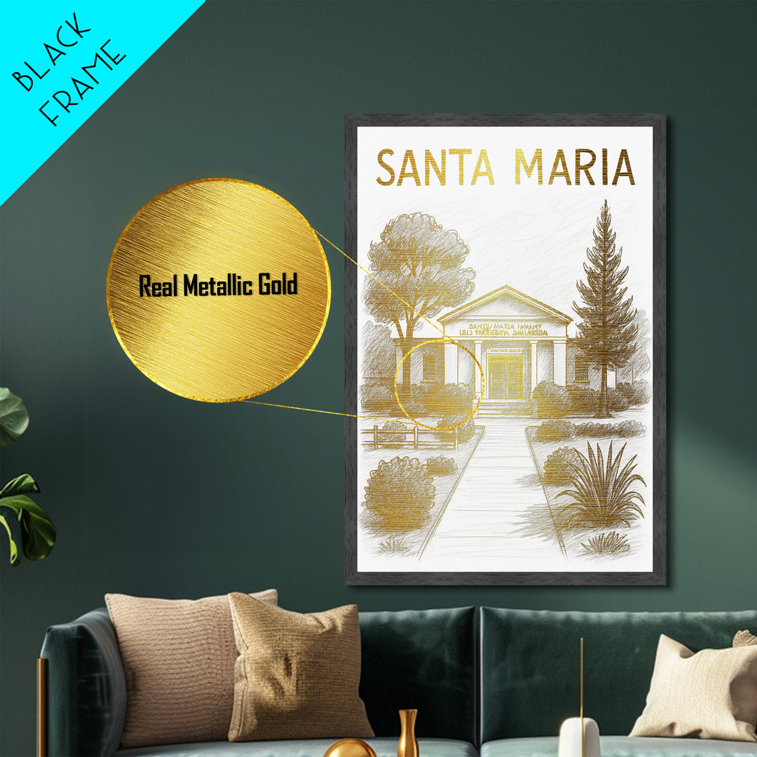 Santa Maria California travel, Metallic Gold Print, Closing Gift, Metal Art, Wood Framed Art, Anniversary Travel Gift, Retirement Gift