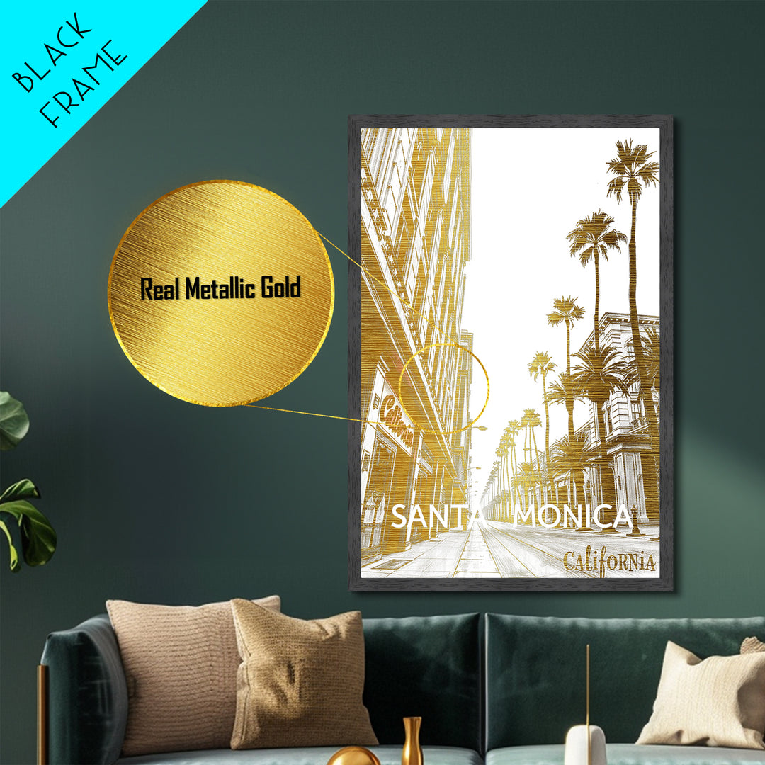 Santa Monica California travel, Metallic Gold Print, Modern House Art, Metal Art, Wood Framed Art, Wanderlust Gift, Travel Art Prints