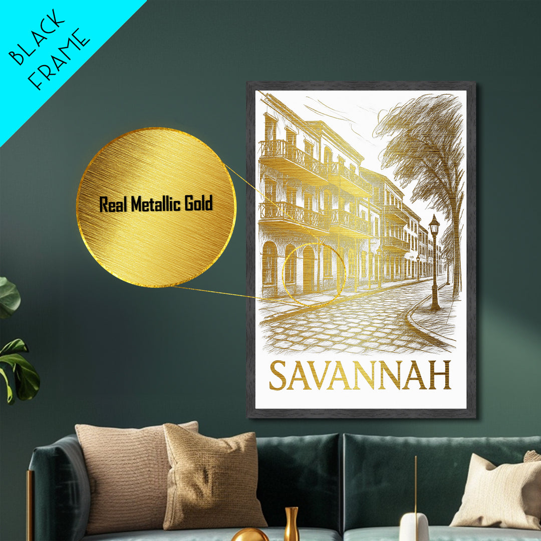 Savannah Georgia art, Metallic Gold Print, College Dorm Décor, Metal Art, Wood Framed Art, Graduation Travel Gift, Traveler Gift