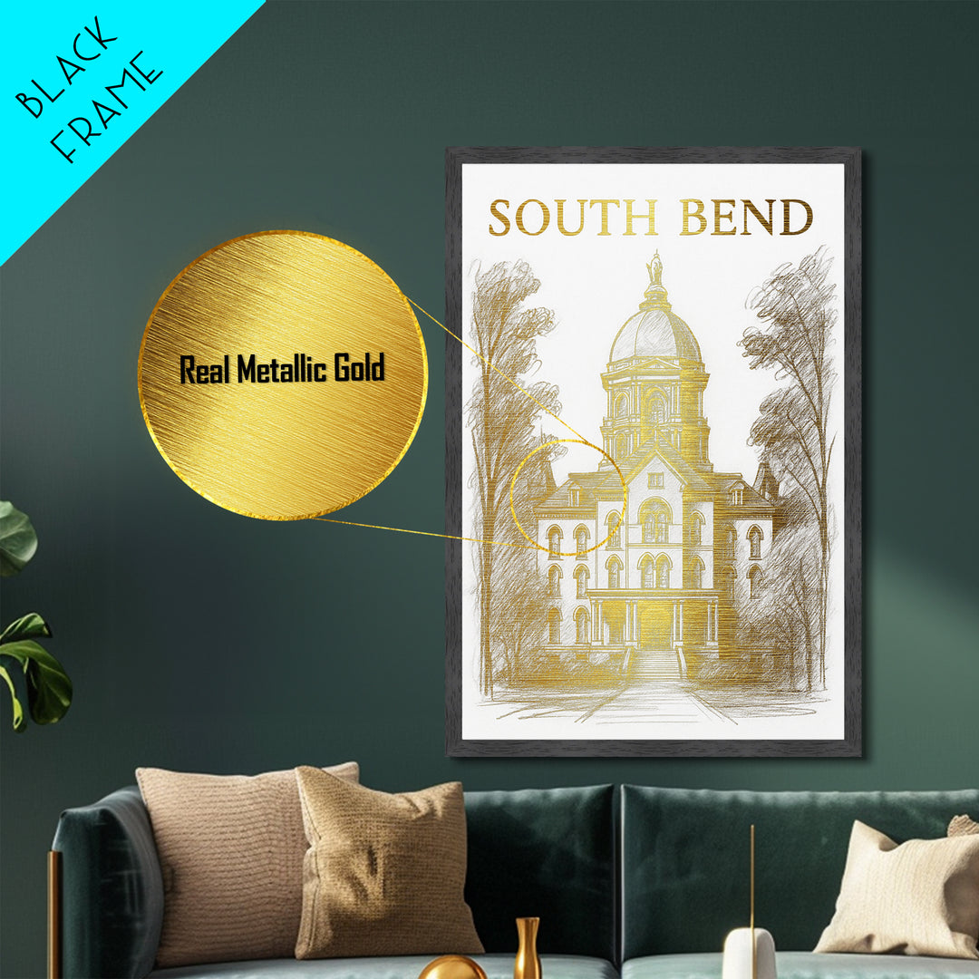 South Bend Indiana travel, Metallic Gold Print, Modern Skyline Wall Print, Metal Art, Wood Framed Art, Adventure Lover Gift, Travel Gift