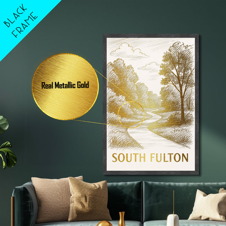 South Fulton Georgia art, Metallic Gold Art, Office Decor, Metal Art, Wood Framed Art, Graduation Travel Gift, Destination Gift