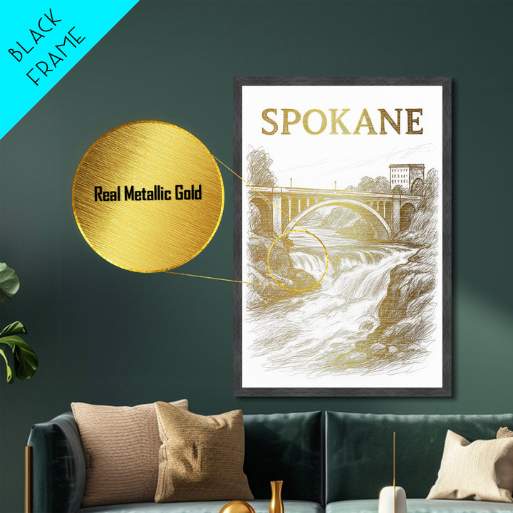 Spokane Washington travel, Metallic Gold Print, Modern House Art, Metal Art, Wood Framed Art, Traveler Gift, Destination Gift