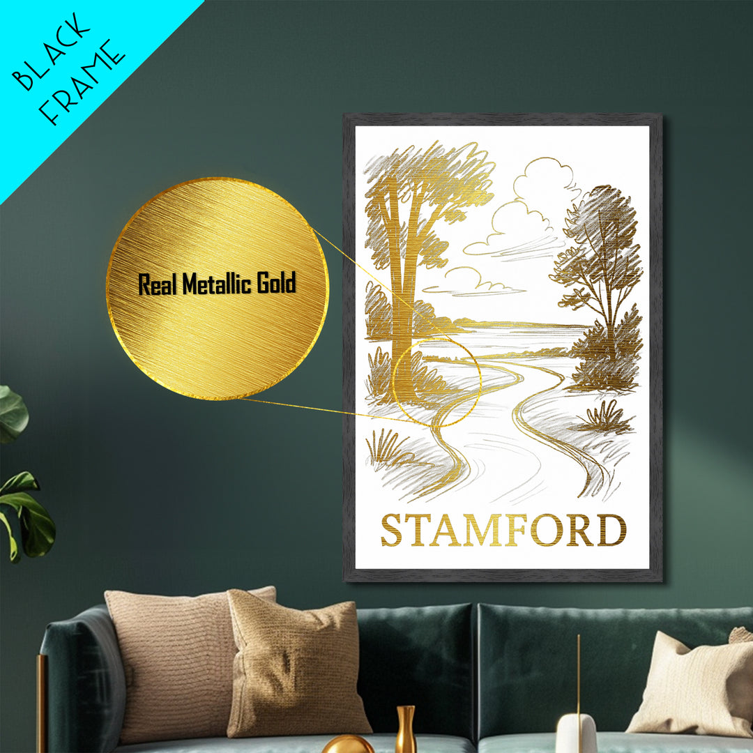 Stamford Connecticut art, Metallic Gold Art, Modern House Art, Metal Art, Wood Framed Art, Graduation Travel Gift, Travel Wall Decor