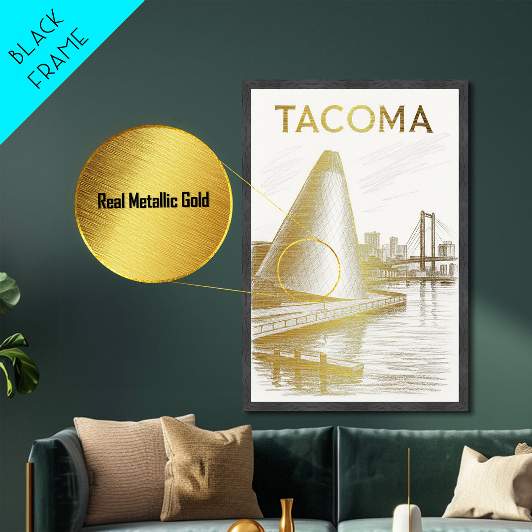 Tacoma Washington travel, Metallic Gold Print, Modern House Art, Metal Art, Wood Framed Art, Graduation Travel Gift, Destination Gift
