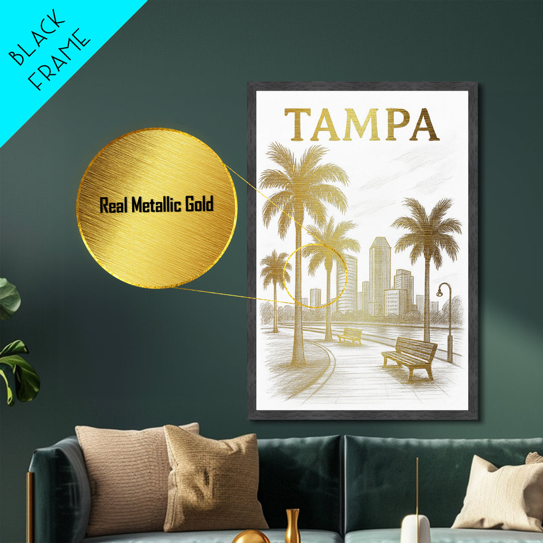Tampa Florida travel, Metallic Gold Print, Modern Skyline Wall Print, Metal Art, Wood Framed Art, Adventure Lover Gift, Travel Gift