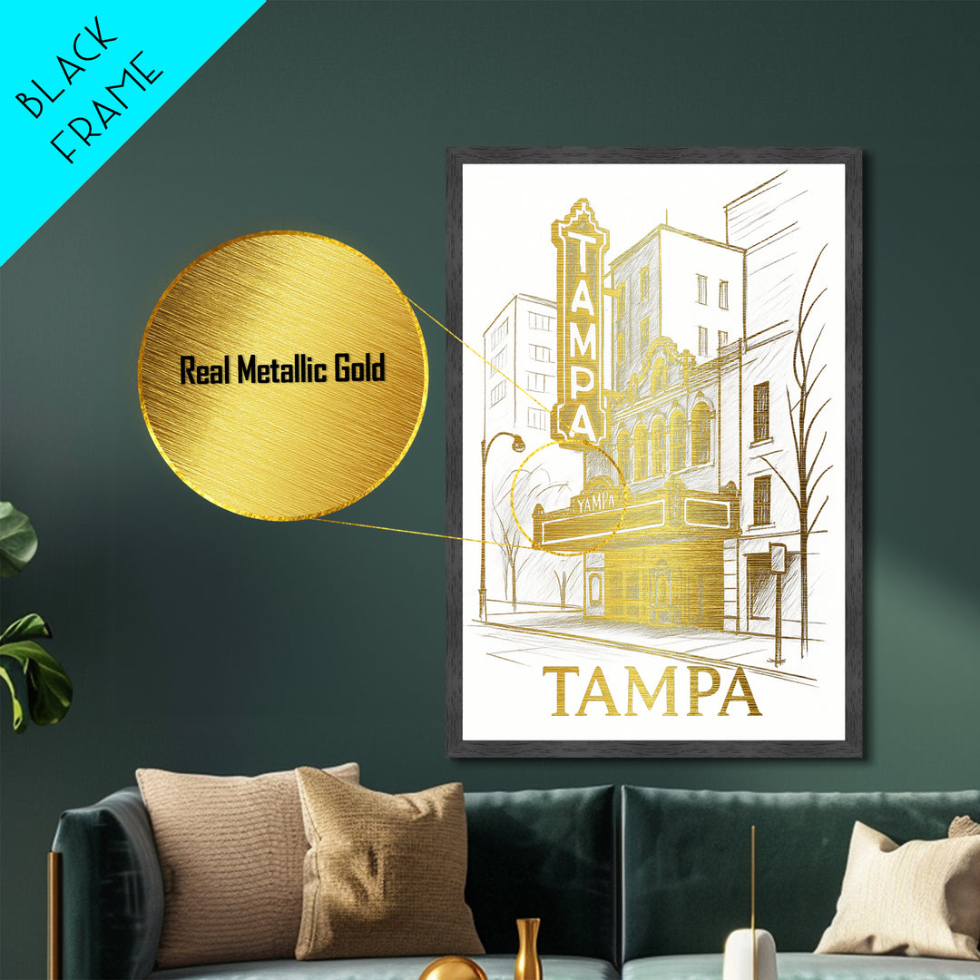 Tampa Florida art, Metallic Gold Art, Housewarming Gift, Metal Art, Wood Framed Art, Newlywed Travel Gift, Honeymoon Gift