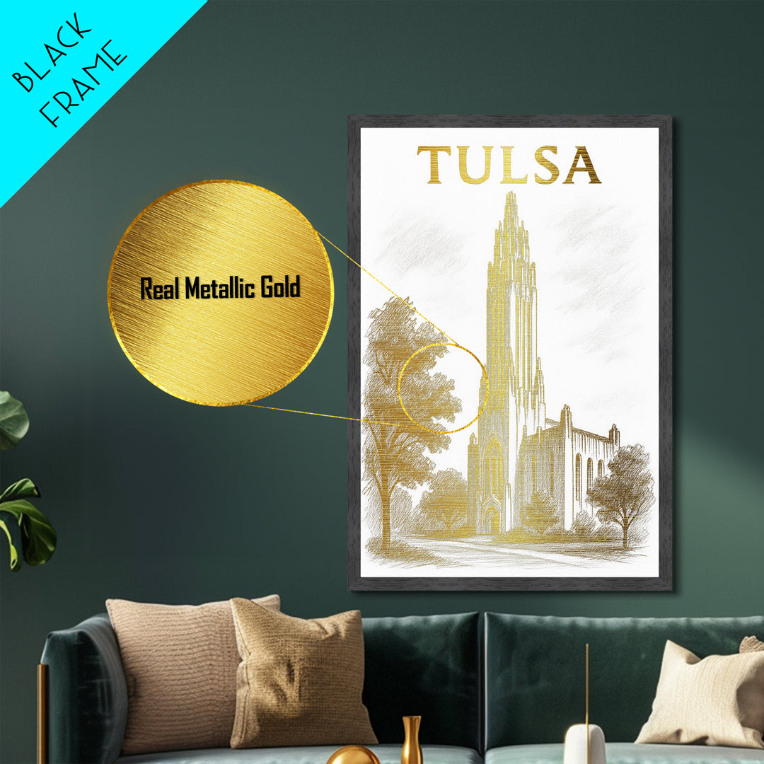 Tulsa Oklahoma travel, Metallic Gold Print, College Dorm Décor, Metal Art, Wood Framed Art, Graduation Travel Gift, Traveler Gift