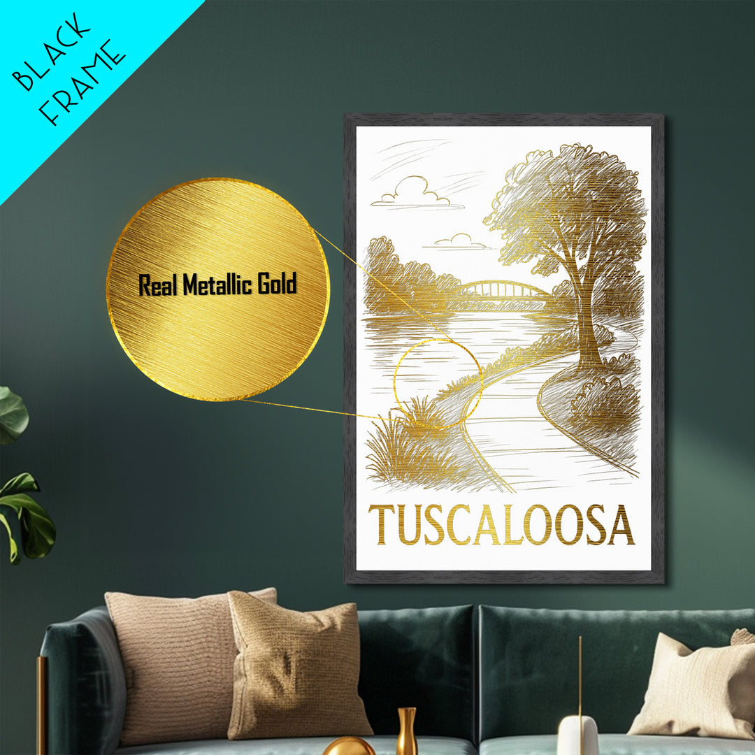 Tuscaloosa Alabama art, Metallic Gold Art, Housewarming Gift, Metal Art, Wood Framed Art, Newlywed Travel Gift, Honeymoon Gift