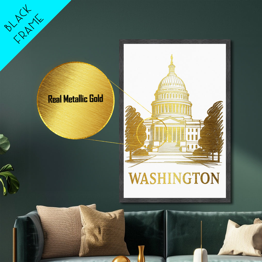 Washington DC art, Metallic Gold Art, Wood Framed Art, Metal Art, Office Decor, Metallic Gold Art, College Dorm Wall Art