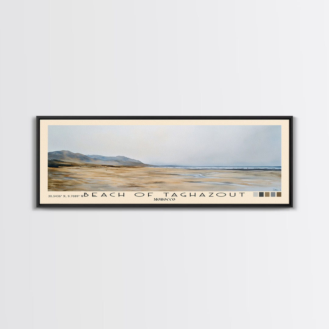 Beach of Taghazout, Morocco Watercolor Beach Print, Vacation Gift, Morocco Wall Art, Framed Canvas Print, Framed Beach Painting