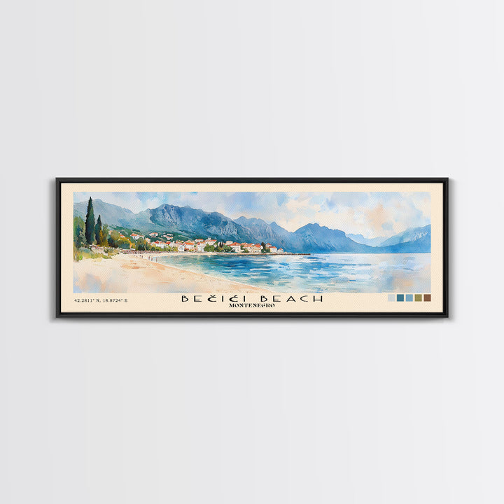 Bečići Beach, Montenegro Watercolor Print, Vacation Gift, Montenegro Wall Art, Beach Painting, Beach Decor, Large Wall Art, Wood Frame Art