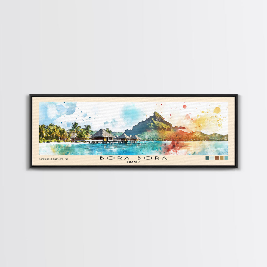 Bora Bora, France Watercolor Beach Print, Vacation Gift, France Wall Art, Framed Canvas Print, Framed Beach Painting