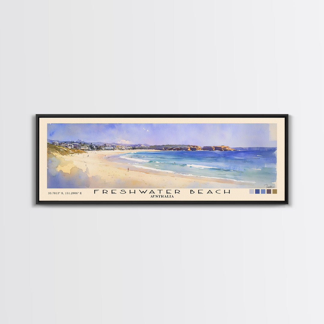Freshwater Beach, Australia Watercolor Beach Print, Vacation Gift, Australia Wall Art, Framed Canvas Print, Framed Beach Painting