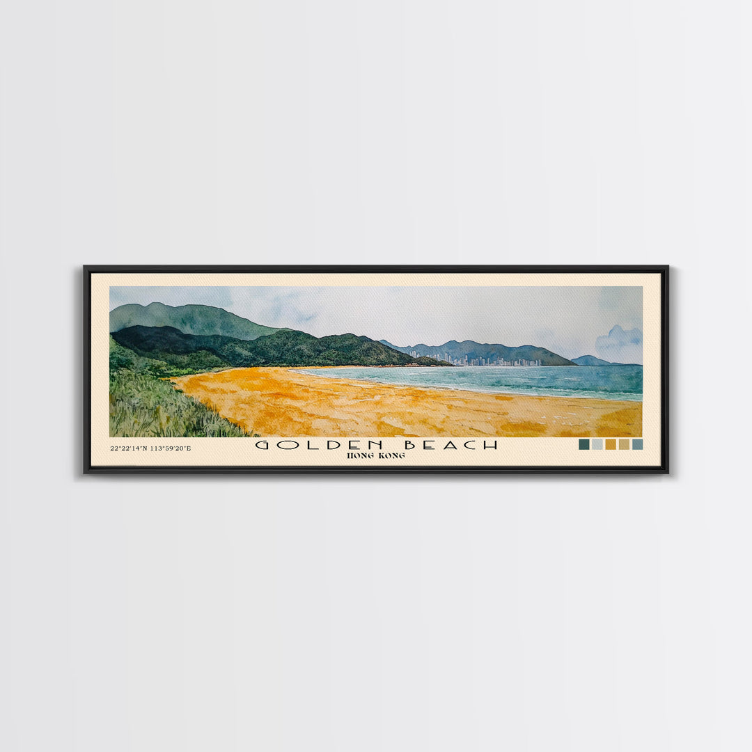 Golden Beach, Hong Kong Watercolor Print, Vacation Gift, Hong Kong Wall Art, Beach Painting, Beach Decor, Large Wall Art, Wood Frame Art