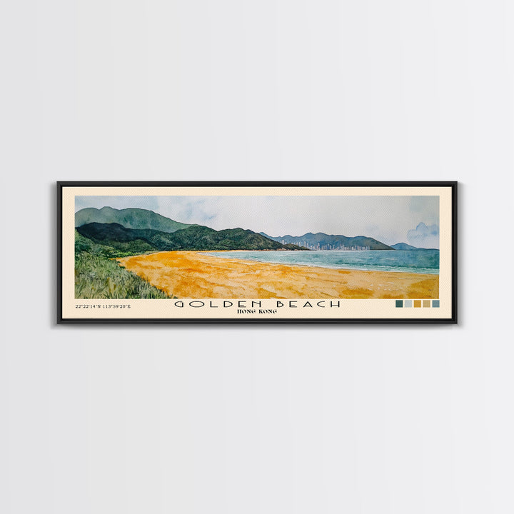 Golden Beach, Hong Kong Watercolor Print, Vacation Gift, Hong Kong Wall Art, Beach Painting, Beach Decor, Large Wall Art, Wood Frame Art