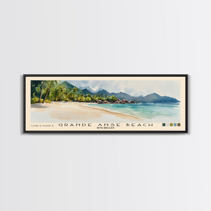 Grande Anse Beach, Seychelles Watercolor Print, Vacation Gift, Seychelles Wall Art, Beach Painting, Beach Decor, Large Wall Art, Wood Frame Art