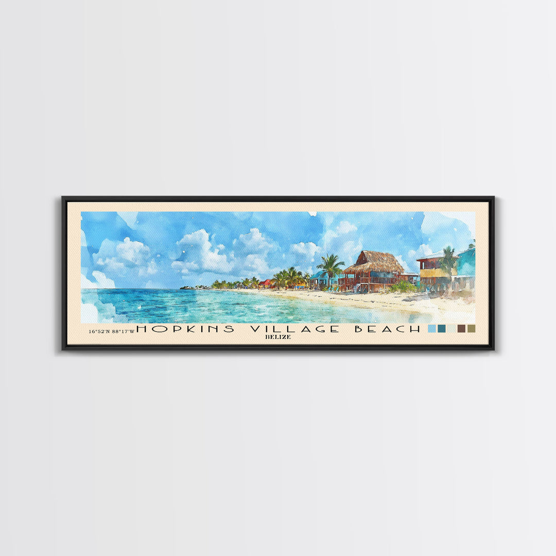 Hopkins Village Beach, Belize Watercolor Beach Print, Vacation Gift, Belize Wall Art, Framed Canvas Print, Framed Beach Painting