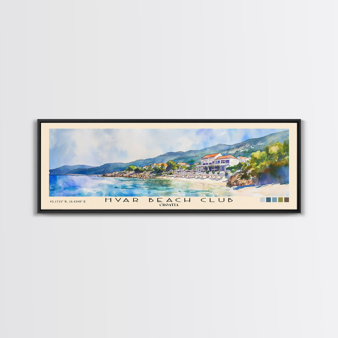 Hvar Beach Club, Croatia Watercolor Print, Vacation Gift, Croatia Wall Art, Beach Painting, Beach Decor, Large Wall Art, Wood Frame Art