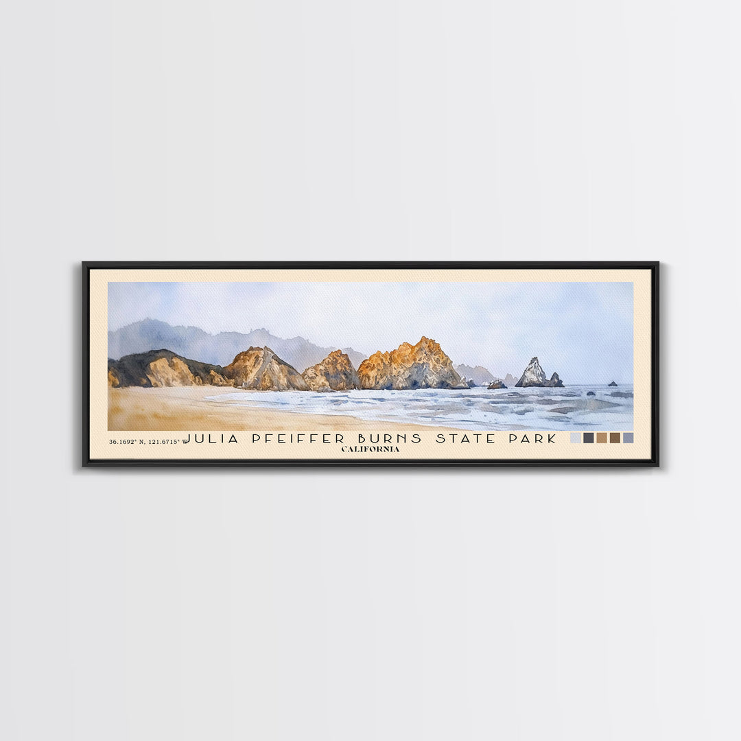 Julia Pfeiffer Burns State Park, California Watercolor Beach Print, Vacation Gift, California Wall Art, Framed Canvas Print, Framed Beach Painting