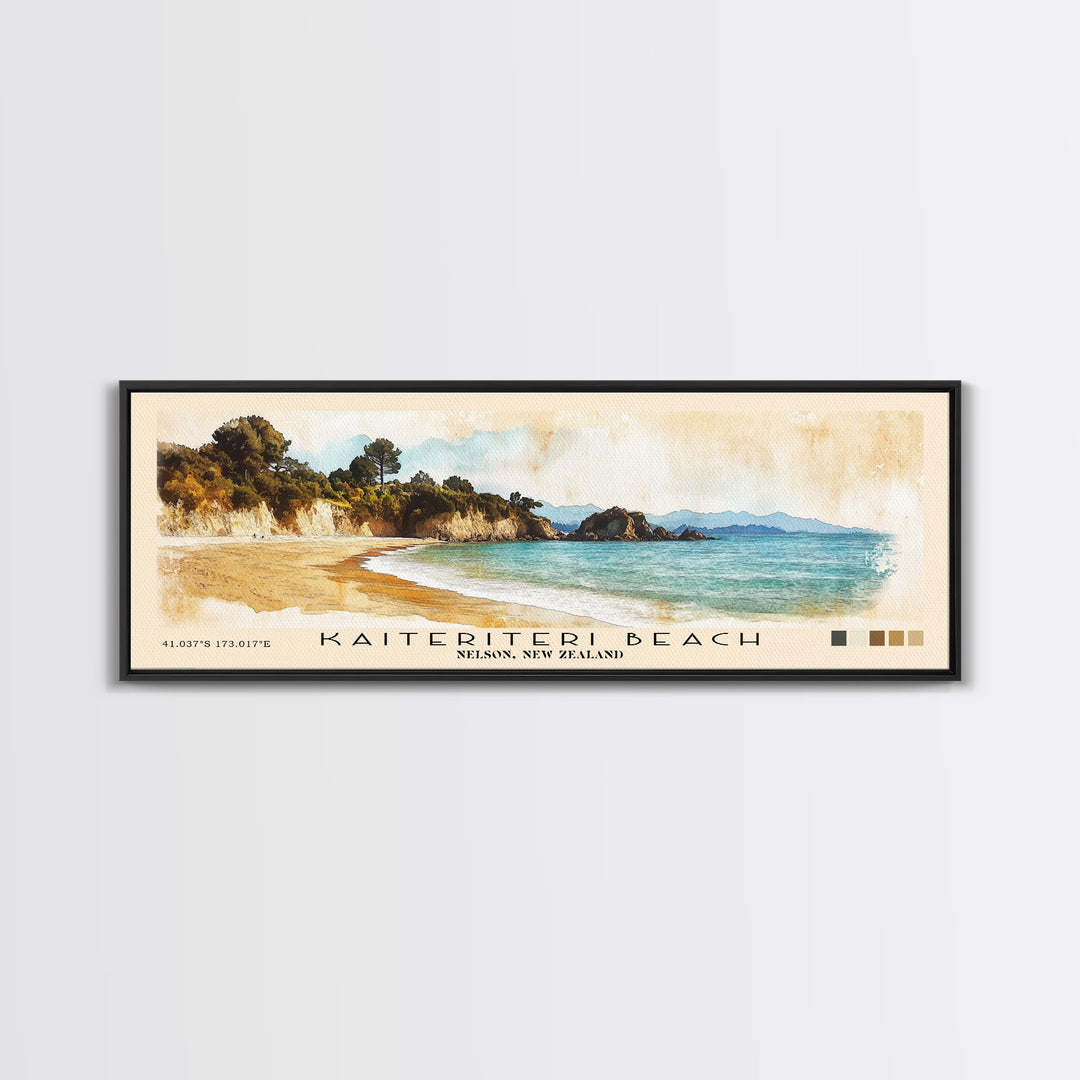 Kaiteriteri Beach, Nelson, New Zealand Watercolor Print, Vacation Gift, Nelson, New Zealand Wall Art, Beach Painting, Beach Decor, Large Wall Art, Wood Frame Art