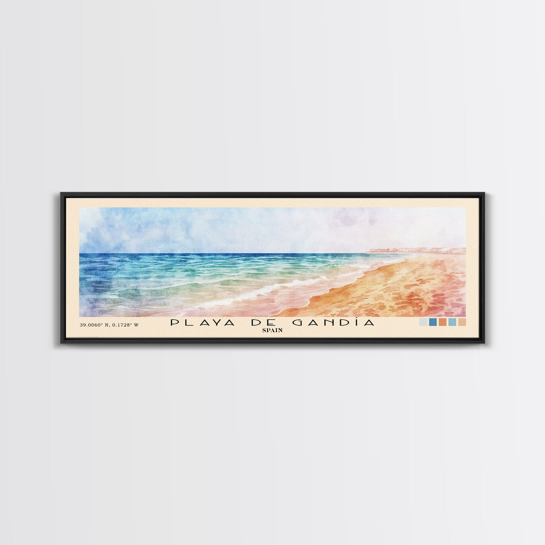 Playa de Gandía, Spain Watercolor Beach Print, Vacation Gift, Spain Wall Art, Framed Canvas Print, Framed Beach Painting