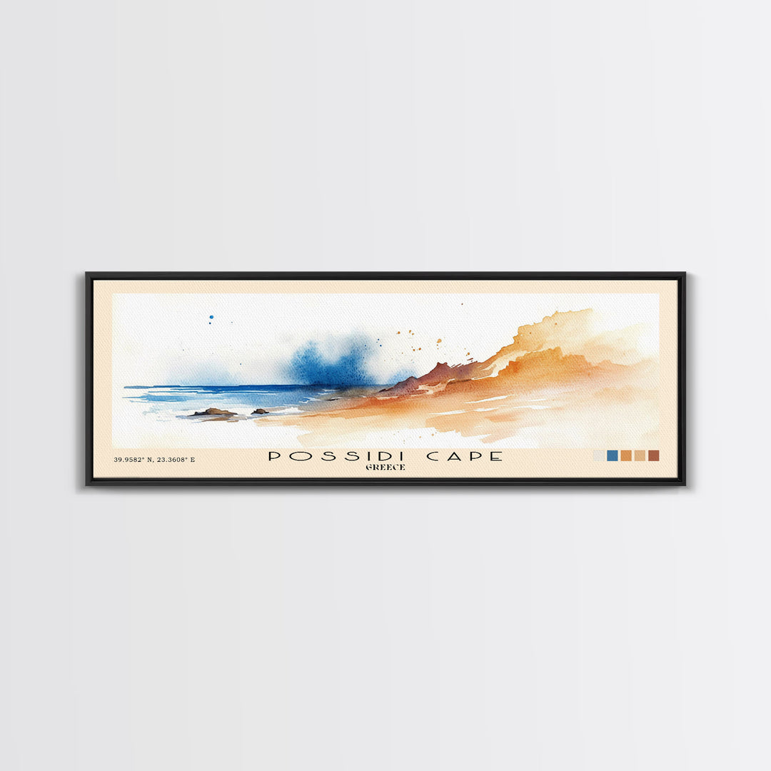 Possidi Cape, Greece Watercolor Beach Print, Vacation Gift, Greece Wall Art, Framed Canvas Print, Framed Beach Painting