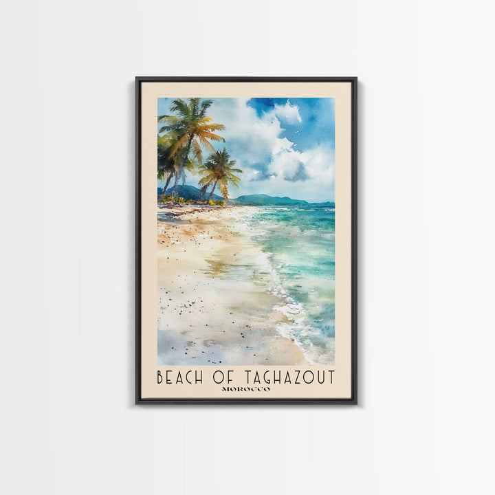Beach of Taghazout, Morocco Watercolor Beach Print, Vacation Gift, Morocco Wall Art, Framed Canvas Print, Framed Beach Painting