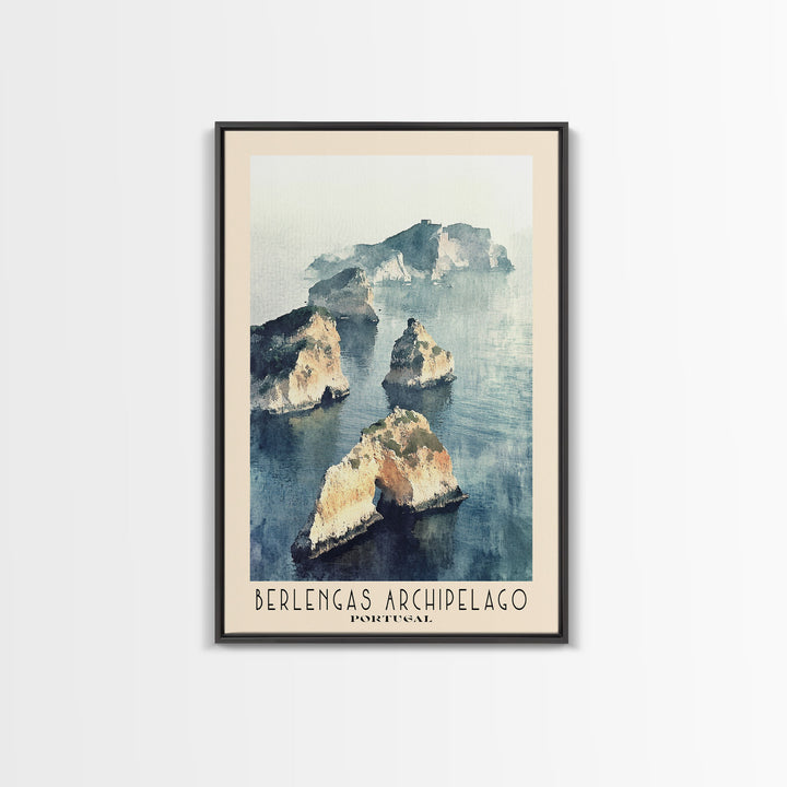 Berlengas Archipelago, Portugal Watercolor Print, Vacation Gift, Portugal Wall Art, Beach Painting, Beach Decor, Large Wall Art, Wood Frame Art