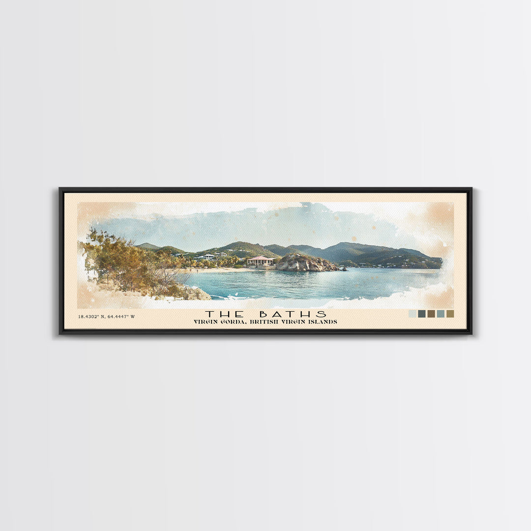 The Baths, British Virgin Islands Watercolor Beach Print, Vacation Gift, British Virgin Islands Wall Art, Framed Canvas Print, Framed Beach Painting