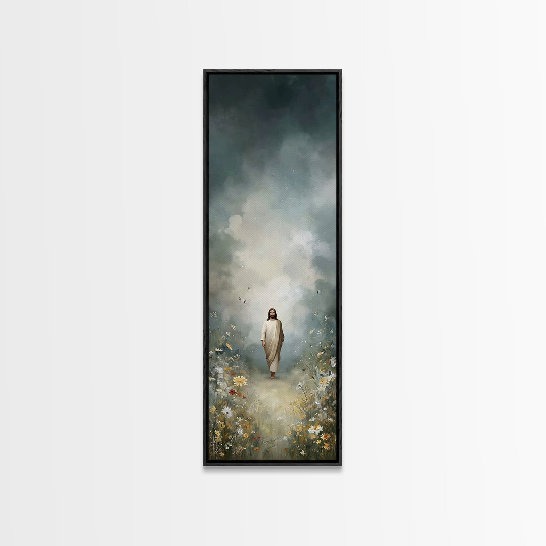 Grace In The Meadow | Framed Canvas Print | Tall Skinny Art Print | Christian Art Canvas | Jesus Painting | Christian Wall Art