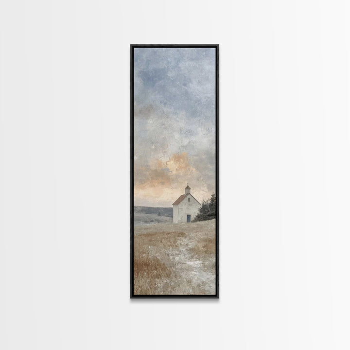 Meadow Chapel Light – Framed Canvas Print – Christian Wall Art – Christian Art Canvas – Vintage Christian Art – Narrow Art – Christian Deco