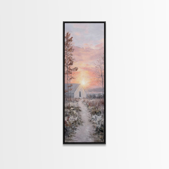 Dawn Chapel Path – Framed Canvas Print – Christian Wall Art – Christian Christmas Art – Christian Art Canvas – Skinny Art – Christmas Art