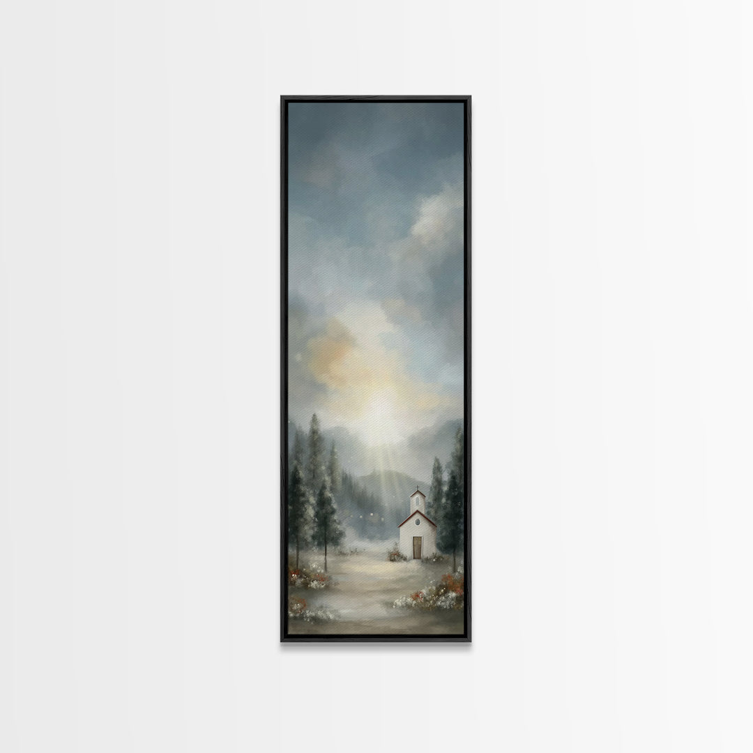 Mountain Chapel Radiance – Framed Canvas Print – Christian Art Canvas – Christian Christmas Art – Christmas Wall Art – Narrow Art – Framed