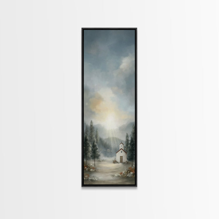 Mountain Chapel Radiance – Framed Canvas Print – Christian Art Canvas – Christian Christmas Art – Christmas Wall Art – Narrow Art – Framed