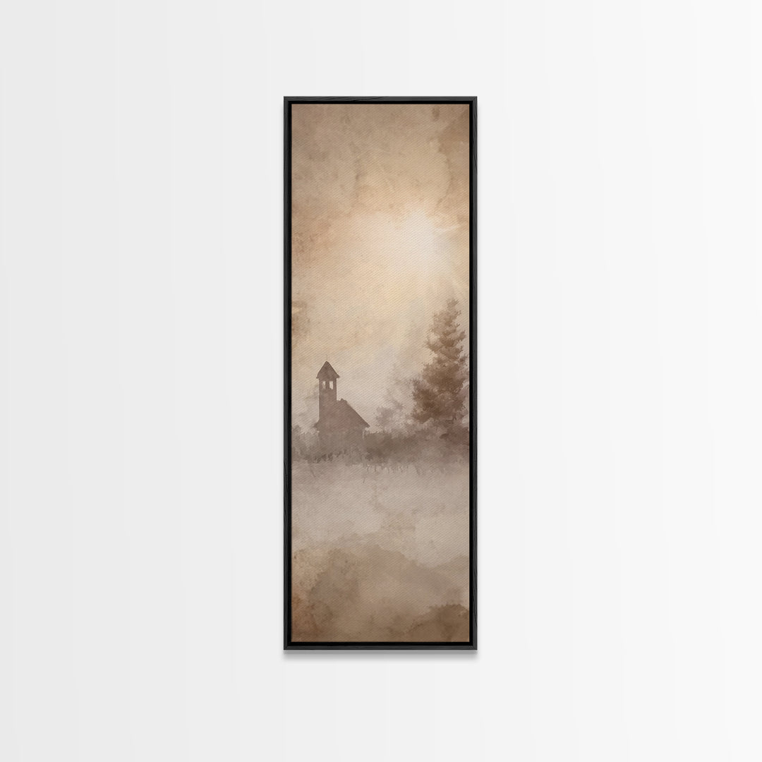 Misty Chapel Glow – Framed Canvas Print – Christian Art Canvas – Christian Wall Art – Christian Christmas Art – Narrow Art – Christian Art