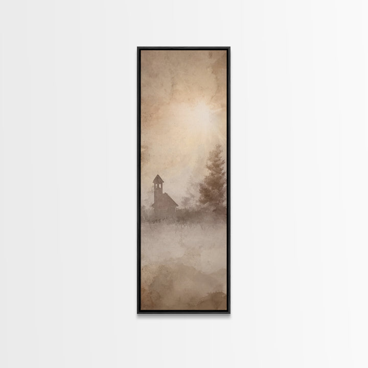 Misty Chapel Glow – Framed Canvas Print – Christian Art Canvas – Christian Wall Art – Christian Christmas Art – Narrow Art – Christian Art