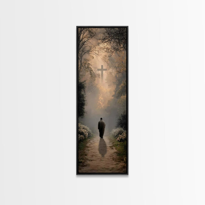 Forest Cross Path – Framed Canvas Print – Christian Christmas Art – Christian Wall Art – Christian Art Canvas – Tall Skinny Art Print – Chr
