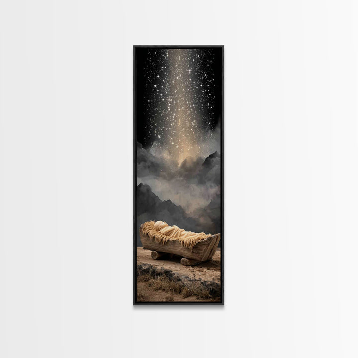 Holy Night Cradle – Framed Canvas Print – Christian Christmas Art – Tall Skinny Art Print – Christian Wall Art – Christmas Canvas Wall Art