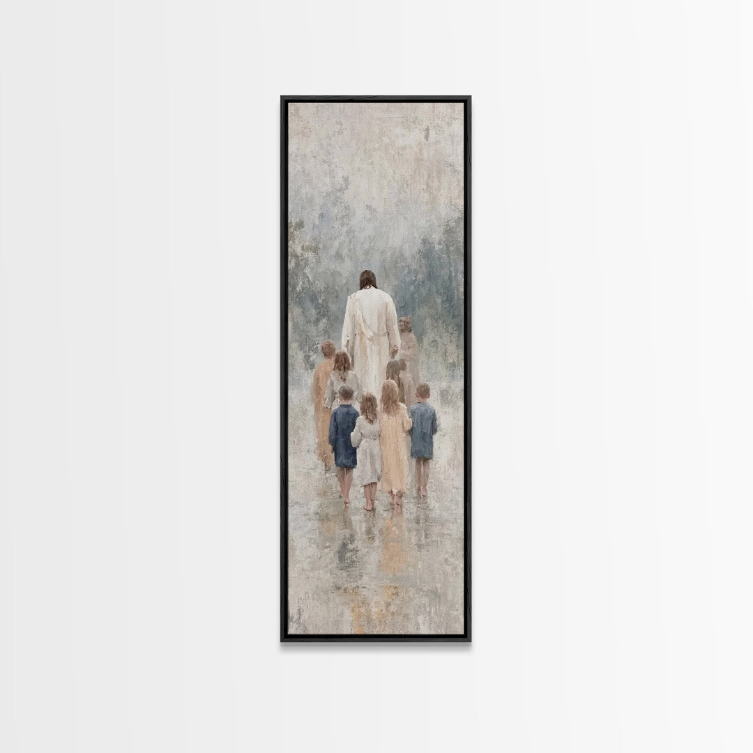 Walking With Jesus | Framed Canvas Print | Tall Narrow Wall Art | Christian Art Print | Jesus Painting | Christian Decor | Subtle Christian