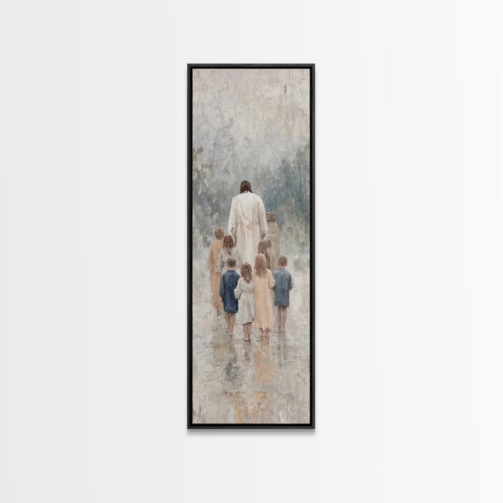 Walking With Jesus | Framed Canvas Print | Tall Narrow Wall Art | Christian Art Print | Jesus Painting | Christian Decor | Subtle Christian