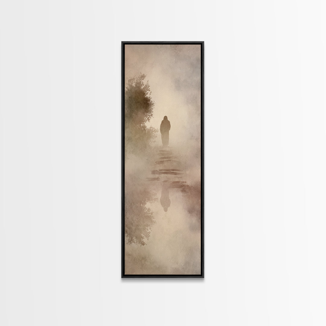 Misty Dawn Walk – Framed Canvas Print – Christian Art – Christian Art Canvas – Jesus Painting – Narrow Art – Christian Christmas Art
