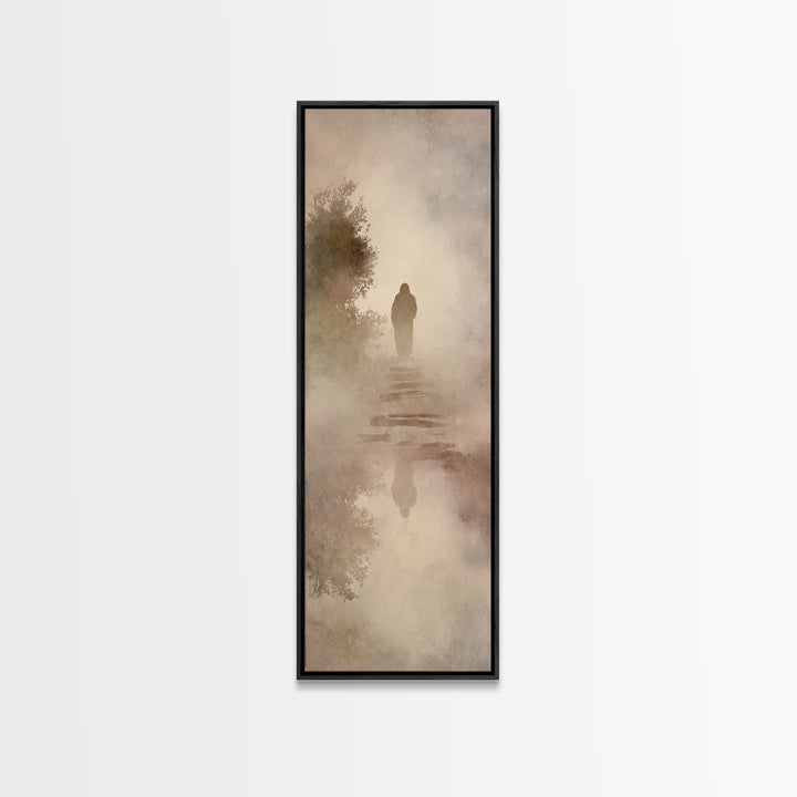 Misty Dawn Walk – Framed Canvas Print – Christian Art – Christian Art Canvas – Jesus Painting – Narrow Art – Christian Christmas Art